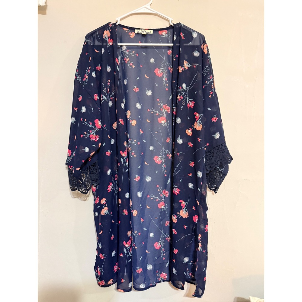 WallFlower Navy Floral Sheer Kimono Cardigan Crochet Sleeve Women's XL Boho